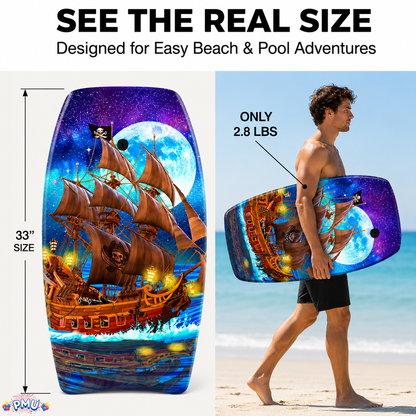 PMU 33 Inch Printed Bodyboard - Lightweight Wrist Leash Slick Bottom Boogie Board for Beach, Sea & Pool - Surfing Board for Kids, Teens & Adults Wave Conditions Pkg/1