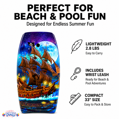 PMU 33 Inch Printed Bodyboard - Lightweight Wrist Leash Slick Bottom Boogie Board for Beach, Sea & Pool - Surfing Board for Kids, Teens & Adults Wave Conditions Pkg/1
