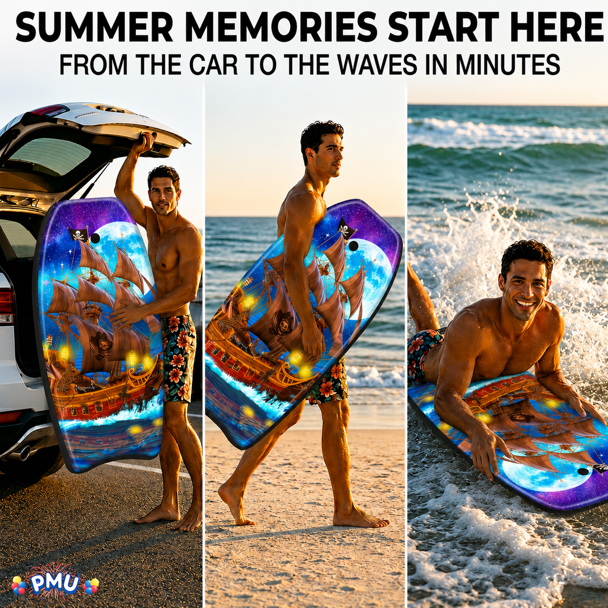 PMU 33 Inch Printed Bodyboard - Lightweight Wrist Leash Slick Bottom Boogie Board for Beach, Sea & Pool - Surfing Board for Kids, Teens & Adults Wave Conditions Pkg/1