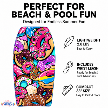 PMU 33 Inch Printed Bodyboard - Lightweight Wrist Leash Slick Bottom Boogie Board for Beach, Sea & Pool - Surfing Board for Kids, Teens & Adults Wave Conditions Pkg/1