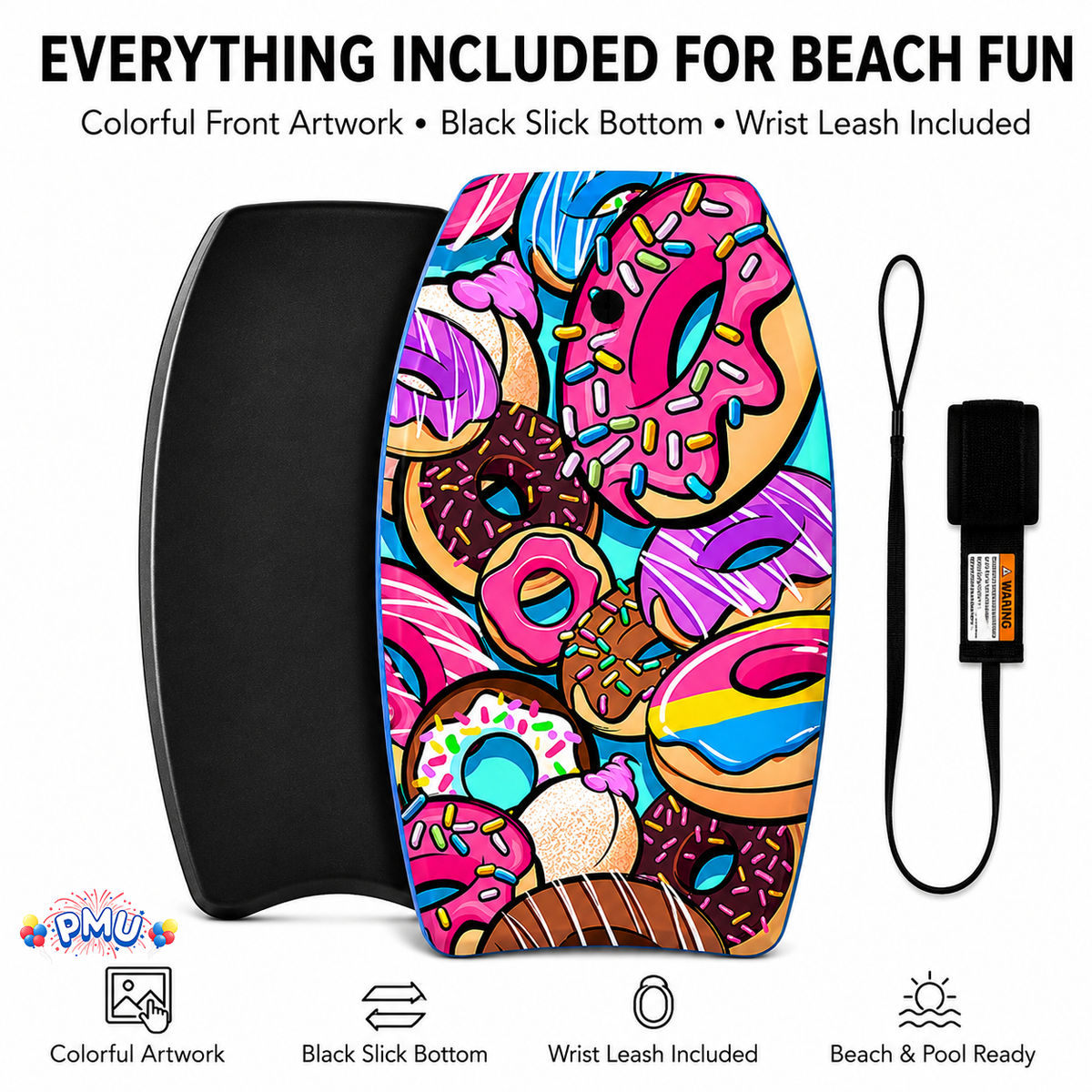 PMU 33 Inch Printed Bodyboard - Lightweight Wrist Leash Slick Bottom Boogie Board for Beach, Sea & Pool - Surfing Board for Kids, Teens & Adults Wave Conditions Pkg/1