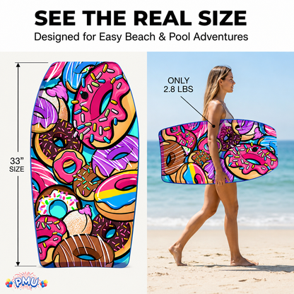 PMU 33 Inch Printed Bodyboard - Lightweight Wrist Leash Slick Bottom Boogie Board for Beach, Sea & Pool - Surfing Board for Kids, Teens & Adults Wave Conditions Pkg/1