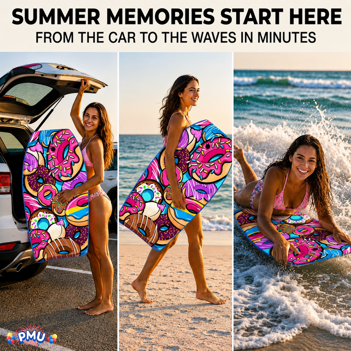 PMU 33 Inch Printed Bodyboard - Lightweight Wrist Leash Slick Bottom Boogie Board for Beach, Sea & Pool - Surfing Board for Kids, Teens & Adults Wave Conditions Pkg/1