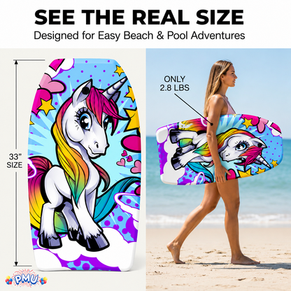 PMU 33 Inch Printed Bodyboard - Lightweight Wrist Leash Slick Bottom Boogie Board for Beach, Sea & Pool - Surfing Board for Kids, Teens & Adults Wave Conditions Pkg/1