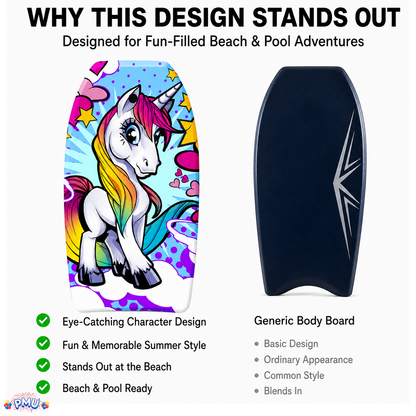 PMU 33 Inch Printed Bodyboard - Lightweight Wrist Leash Slick Bottom Boogie Board for Beach, Sea & Pool - Surfing Board for Kids, Teens & Adults Wave Conditions Pkg/1