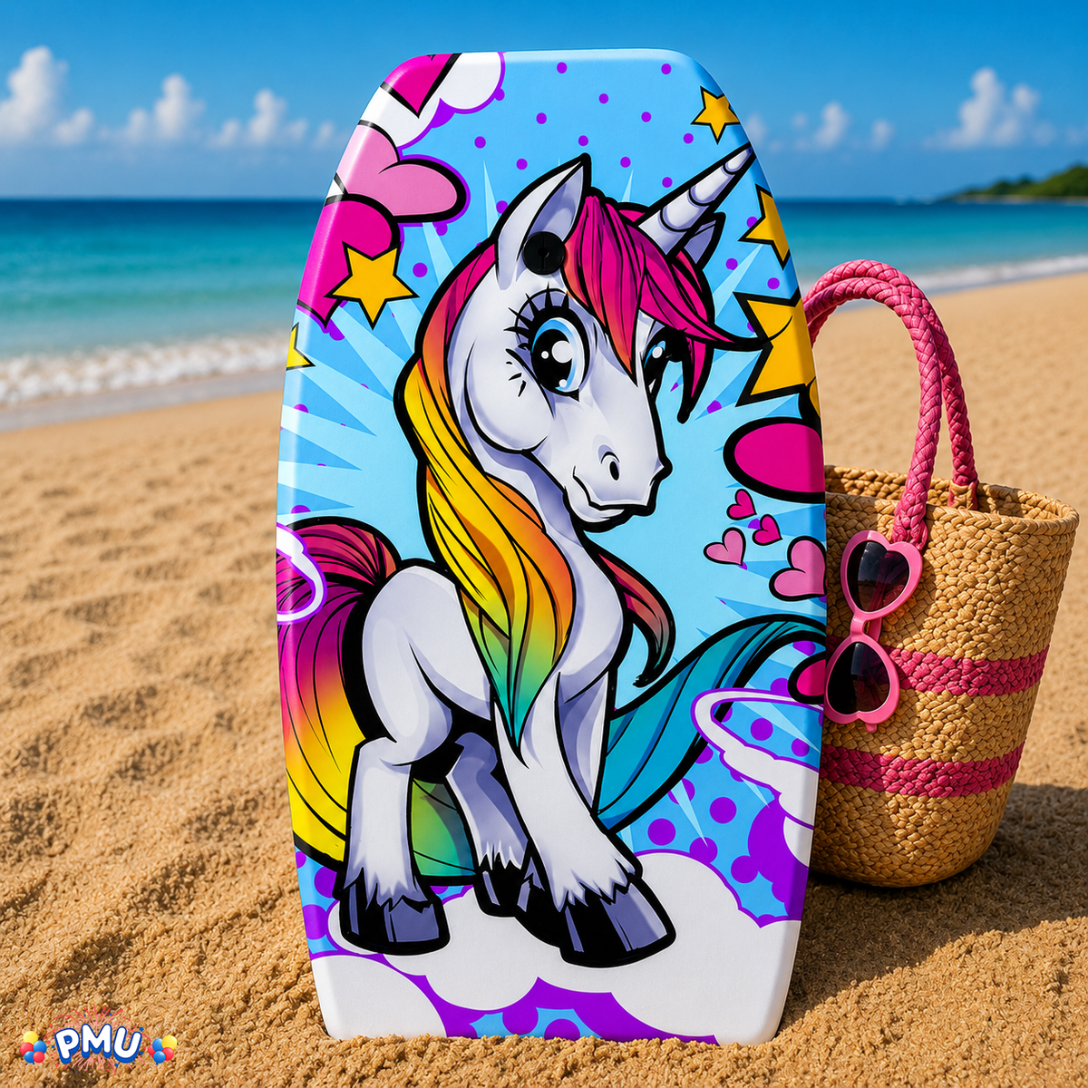 PMU 33 Inch Printed Bodyboard - Lightweight Wrist Leash Slick Bottom Boogie Board for Beach, Sea & Pool - Surfing Board for Kids, Teens & Adults Wave Conditions Pkg/1