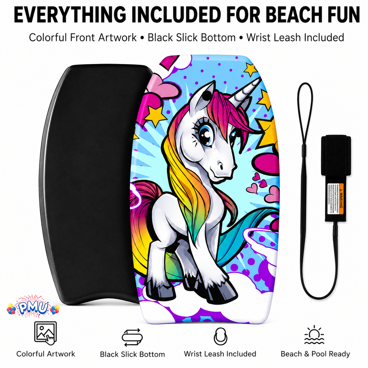 PMU 33 Inch Printed Bodyboard - Lightweight Wrist Leash Slick Bottom Boogie Board for Beach, Sea & Pool - Surfing Board for Kids, Teens & Adults Wave Conditions Pkg/1