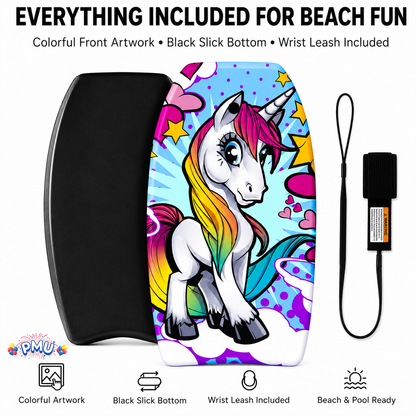 PMU 33 Inch Printed Bodyboard - Lightweight Wrist Leash Slick Bottom Boogie Board for Beach, Sea & Pool - Surfing Board for Kids, Teens & Adults Wave Conditions Pkg/1