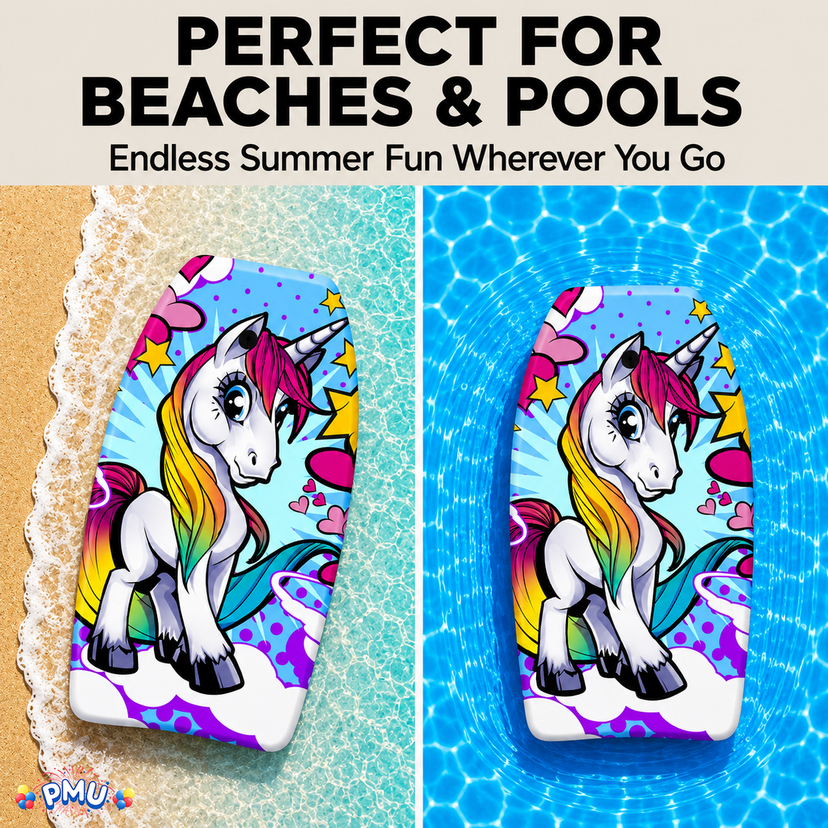 PMU 33 Inch Printed Bodyboard - Lightweight Wrist Leash Slick Bottom Boogie Board for Beach, Sea & Pool - Surfing Board for Kids, Teens & Adults Wave Conditions Pkg/1