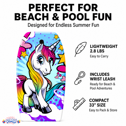 PMU 33 Inch Printed Bodyboard - Lightweight Wrist Leash Slick Bottom Boogie Board for Beach, Sea & Pool - Surfing Board for Kids, Teens & Adults Wave Conditions Pkg/1