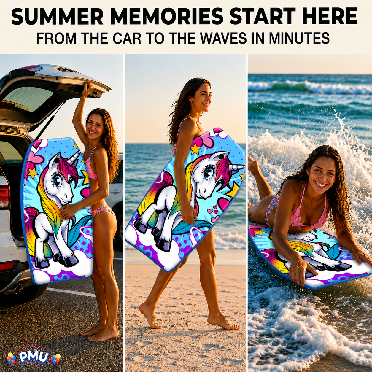 PMU 33 Inch Printed Bodyboard - Lightweight Wrist Leash Slick Bottom Boogie Board for Beach, Sea & Pool - Surfing Board for Kids, Teens & Adults Wave Conditions Pkg/1
