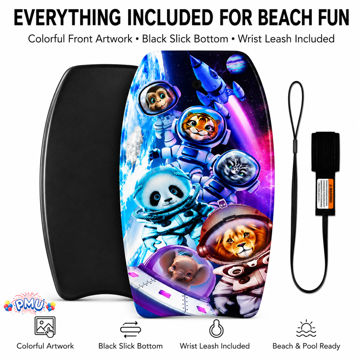 PMU 33 Inch Printed Bodyboard - Lightweight Wrist Leash Slick Bottom Boogie Board for Beach, Sea & Pool - Surfing Board for Kids, Teens & Adults Wave Conditions Pkg/1