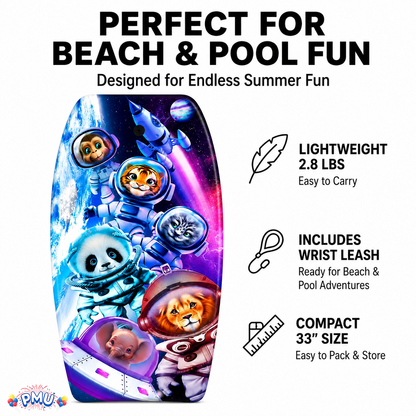 PMU 33 Inch Printed Bodyboard - Lightweight Wrist Leash Slick Bottom Boogie Board for Beach, Sea & Pool - Surfing Board for Kids, Teens & Adults Wave Conditions Pkg/1