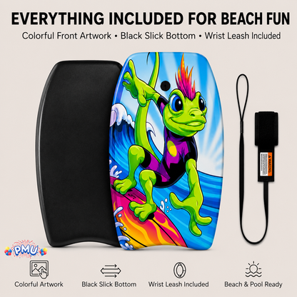 PMU 33 Inch Printed Bodyboard - Lightweight Wrist Leash Slick Bottom Boogie Board for Beach, Sea & Pool - Surfing Board for Kids, Teens & Adults Wave Conditions Pkg/1
