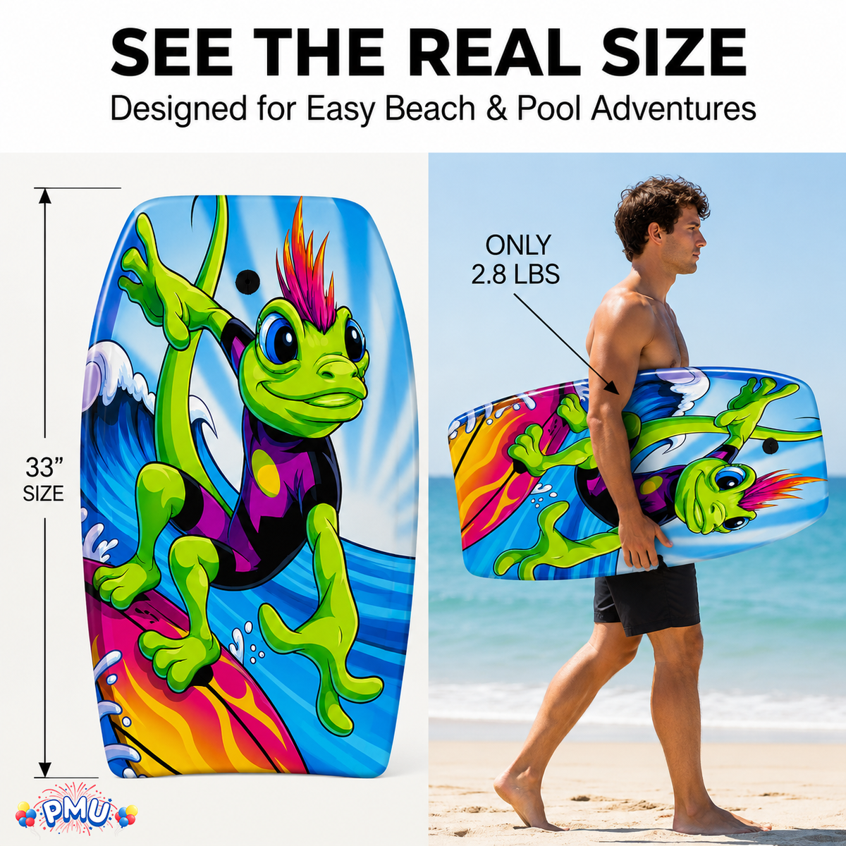 PMU 33 Inch Printed Bodyboard - Lightweight Wrist Leash Slick Bottom Boogie Board for Beach, Sea & Pool - Surfing Board for Kids, Teens & Adults Wave Conditions Pkg/1
