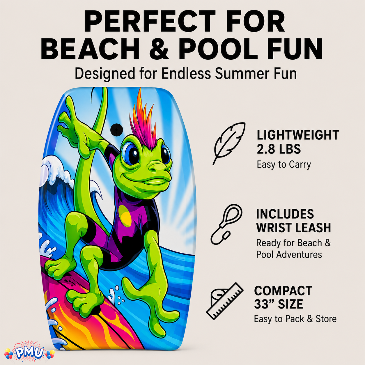 PMU 33 Inch Printed Bodyboard - Lightweight Wrist Leash Slick Bottom Boogie Board for Beach, Sea & Pool - Surfing Board for Kids, Teens & Adults Wave Conditions Pkg/1