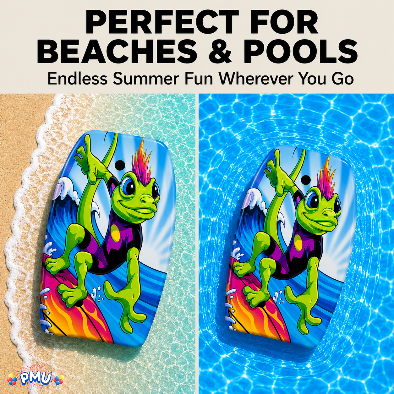 PMU 33 Inch Printed Bodyboard - Lightweight Wrist Leash Slick Bottom Boogie Board for Beach, Sea & Pool - Surfing Board for Kids, Teens & Adults Wave Conditions Pkg/1