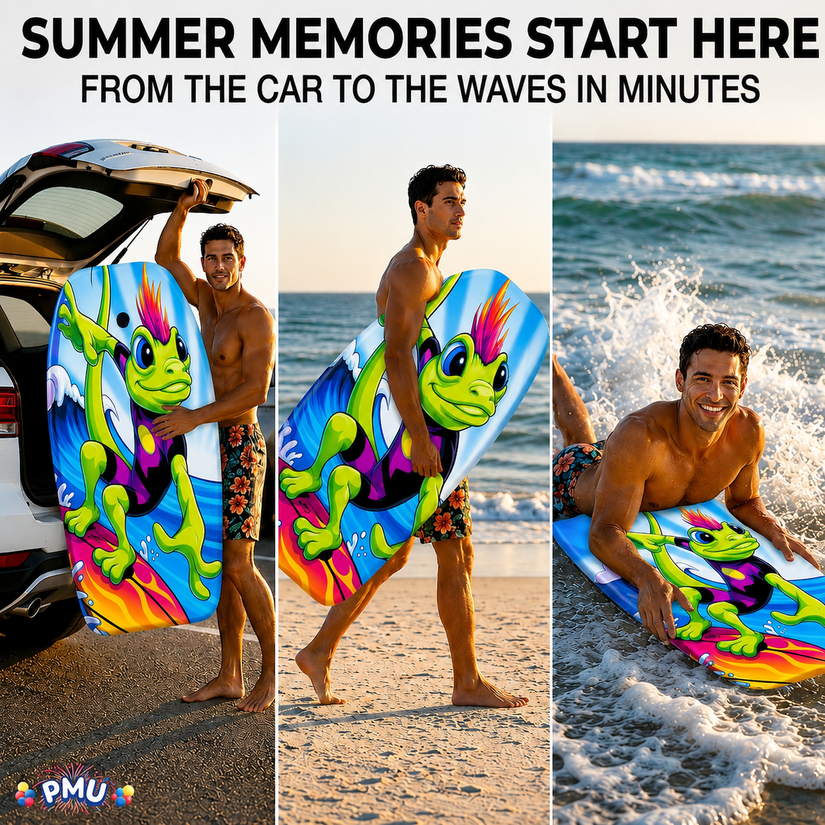 PMU 33 Inch Printed Bodyboard - Lightweight Wrist Leash Slick Bottom Boogie Board for Beach, Sea & Pool - Surfing Board for Kids, Teens & Adults Wave Conditions Pkg/1
