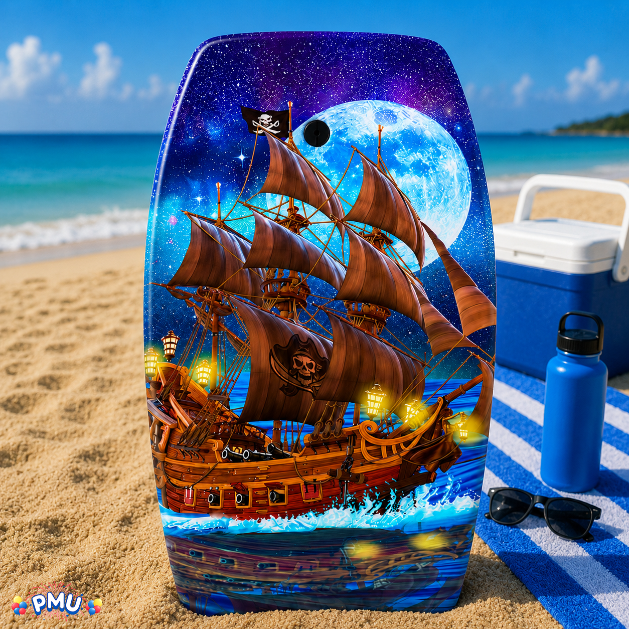 PMU 33 Inch Printed Bodyboard - Lightweight Wrist Leash Slick Bottom Boogie Board for Beach, Sea & Pool - Surfing Board for Kids, Teens & Adults Wave Conditions Pkg/1