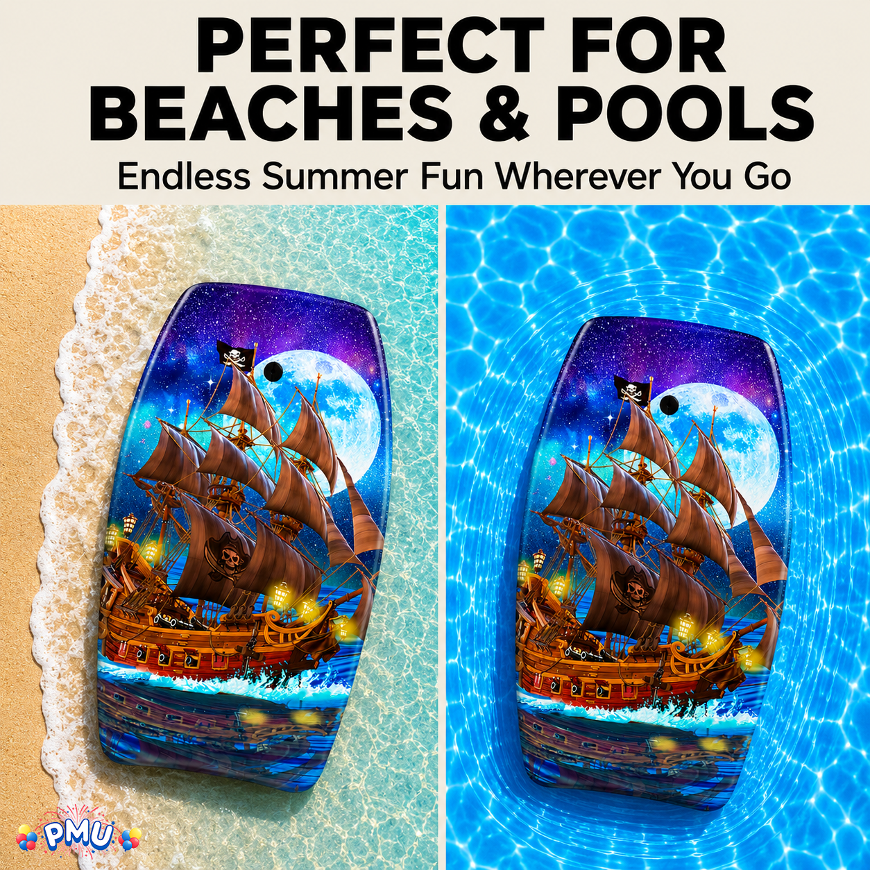 PMU 33 Inch Printed Bodyboard - Lightweight Wrist Leash Slick Bottom Boogie Board for Beach, Sea & Pool - Surfing Board for Kids, Teens & Adults Wave Conditions Pkg/1