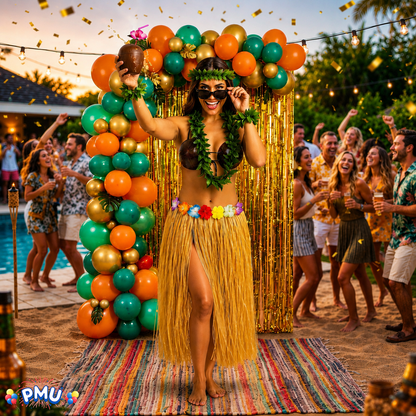 PMU 8 Pcs Hawaiian Luau Costume Set – Coconut Bikini Top, Grass Skirt, Lei &amp; Tropical Party Accessories for Luau, Beach &amp; Hula Parties
