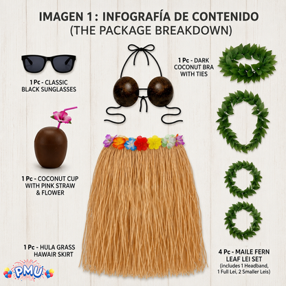 PMU 8 Pcs Hawaiian Luau Costume Set – Coconut Bikini Top, Grass Skirt, Lei &amp; Tropical Party Accessories for Luau, Beach &amp; Hula Parties