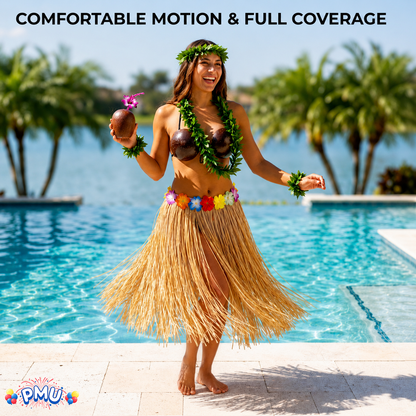 PMU 8 Pcs Hawaiian Luau Costume Set – Coconut Bikini Top, Grass Skirt, Lei &amp; Tropical Party Accessories for Luau, Beach &amp; Hula Parties