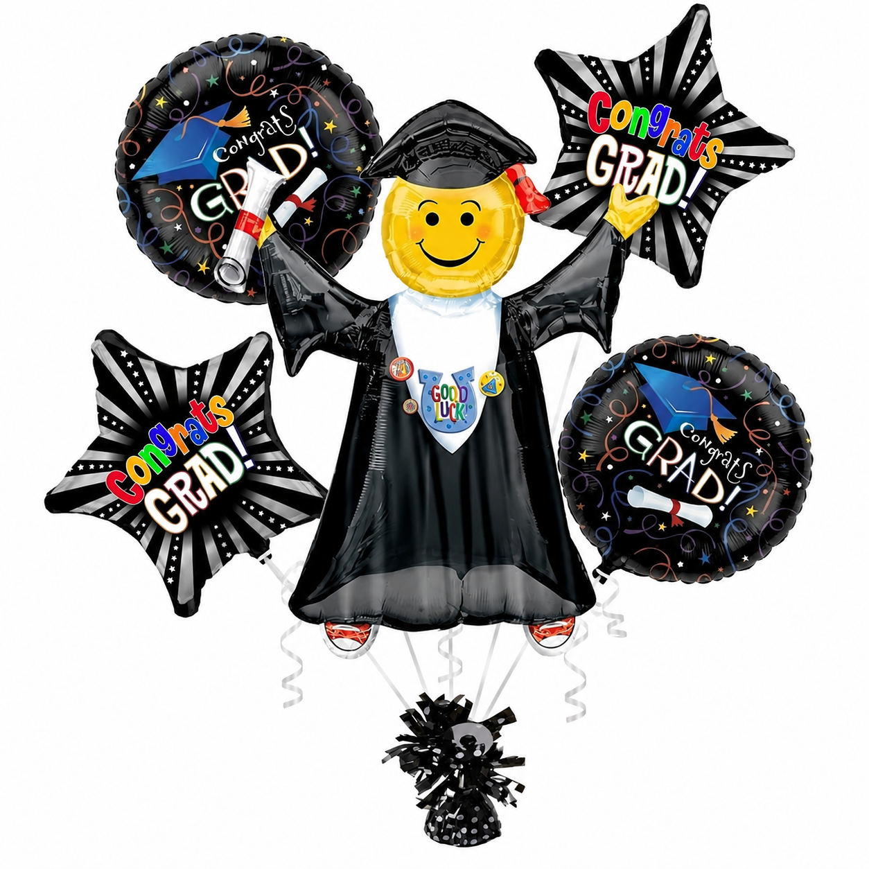 PMU Graduation Girl Jumping Smiley Grad Balloon Bouquet | Jumping Grad Mylar Balloons | Jump for Joy Graduation Smiley Grad Balloon | Grad Foil Balloons