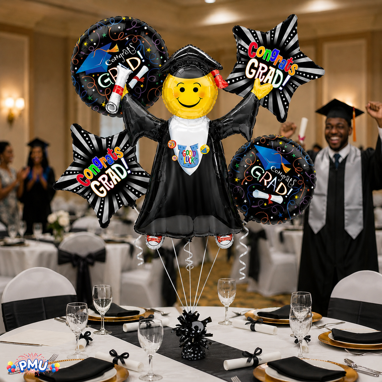 PMU Graduation Girl Jumping Smiley Grad Balloon Bouquet | Jumping Grad Mylar Balloons | Jump for Joy Graduation Smiley Grad Balloon | Grad Foil Balloons