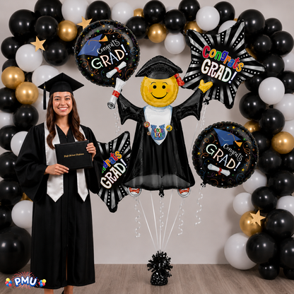 PMU Graduation Girl Jumping Smiley Grad Balloon Bouquet | Jumping Grad Mylar Balloons | Jump for Joy Graduation Smiley Grad Balloon | Grad Foil Balloons