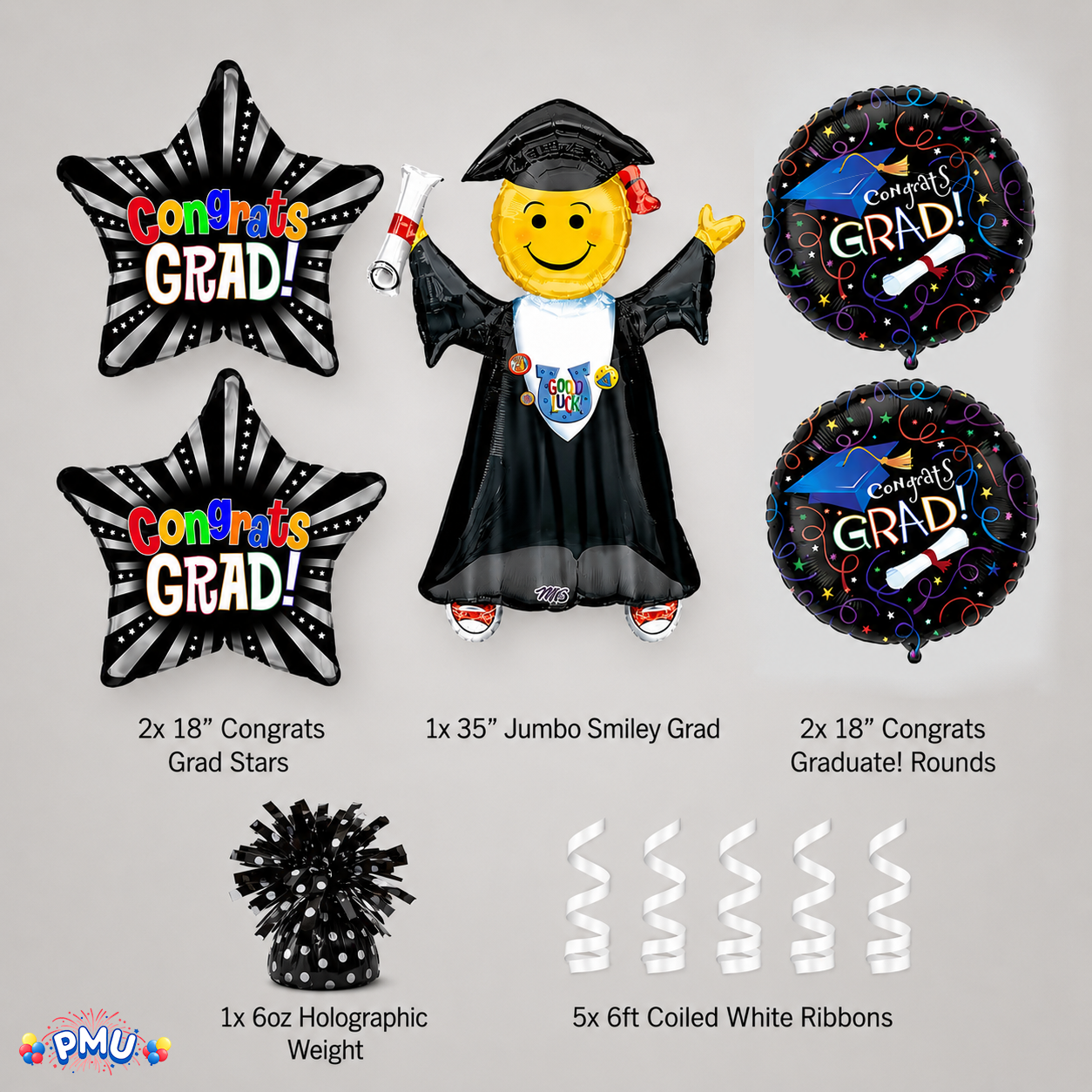 PMU Graduation Girl Jumping Smiley Grad Balloon Bouquet | Jumping Grad Mylar Balloons | Jump for Joy Graduation Smiley Grad Balloon | Grad Foil Balloons