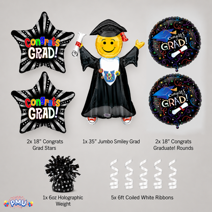 PMU Graduation Girl Jumping Smiley Grad Balloon Bouquet | Jumping Grad Mylar Balloons | Jump for Joy Graduation Smiley Grad Balloon | Grad Foil Balloons