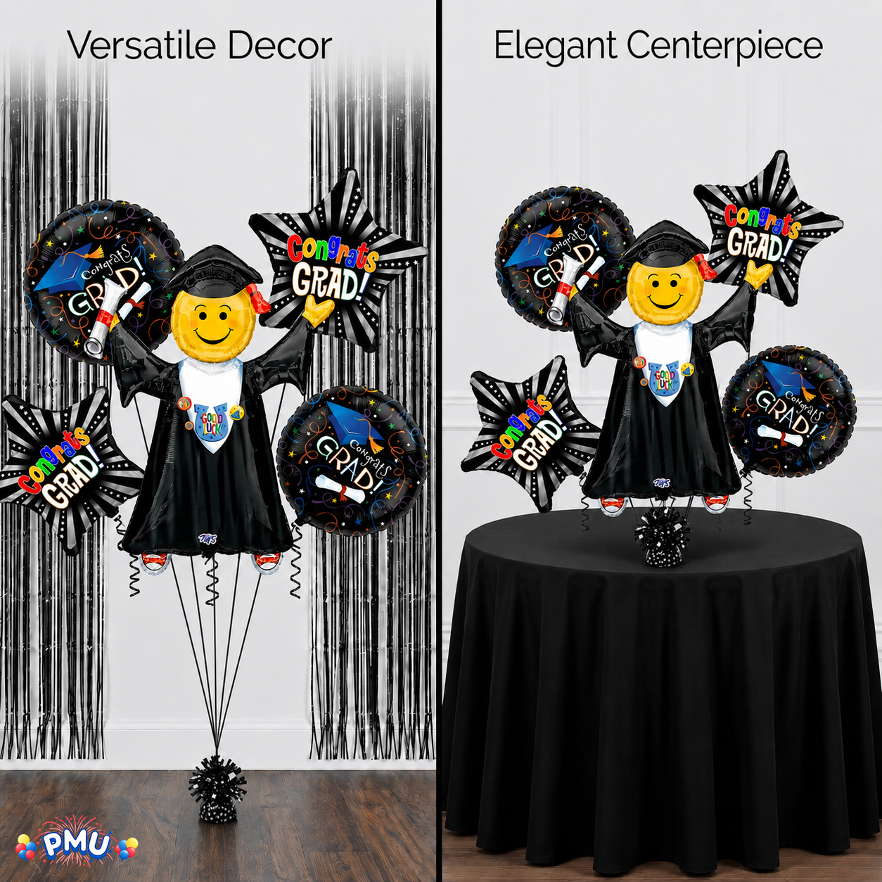 PMU Graduation Girl Jumping Smiley Grad Balloon Bouquet | Jumping Grad Mylar Balloons | Jump for Joy Graduation Smiley Grad Balloon | Grad Foil Balloons