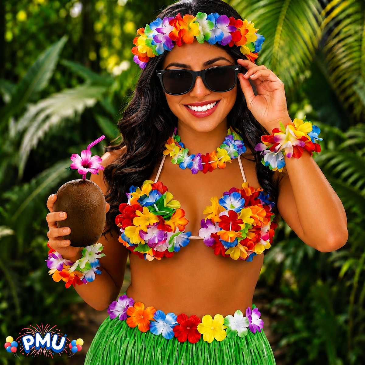 PMU 8 Pcs Hawaiian Luau Costume Set – Coconut Bikini Top, Grass Skirt, Lei &amp; Tropical Party Accessories for Luau, Beach &amp; Hula Parties