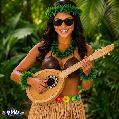 PMU 8 Pcs Hawaiian Luau Costume Set – Coconut Bikini Top, Grass Skirt, Lei &amp; Tropical Party Accessories for Luau, Beach &amp; Hula Parties
