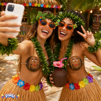 PMU 8 Pcs Hawaiian Luau Costume Set – Coconut Bikini Top, Grass Skirt, Lei &amp; Tropical Party Accessories for Luau, Beach &amp; Hula Parties