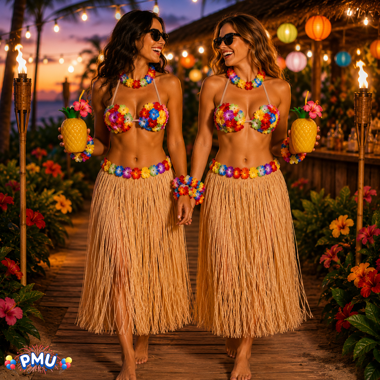 PMU 8 Pcs Hawaiian Luau Costume Set – Coconut Bikini Top, Grass Skirt, Lei &amp; Tropical Party Accessories for Luau, Beach &amp; Hula Parties