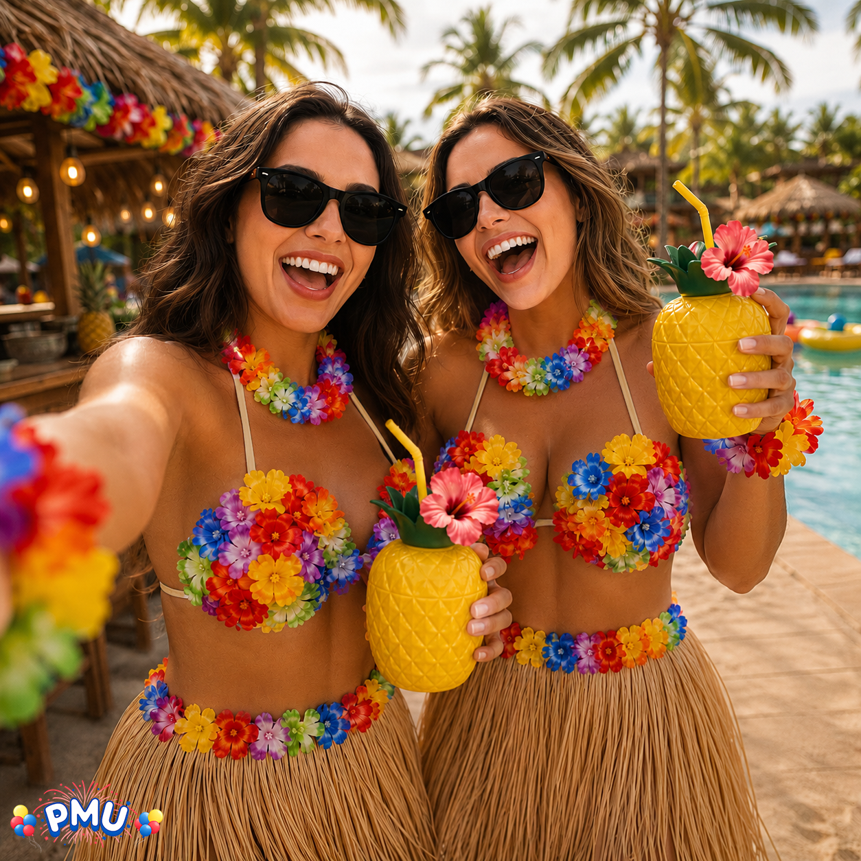 PMU 8 Pcs Hawaiian Luau Costume Set – Coconut Bikini Top, Grass Skirt, Lei &amp; Tropical Party Accessories for Luau, Beach &amp; Hula Parties