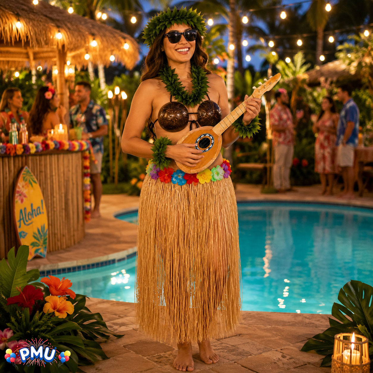 PMU 8 Pcs Hawaiian Luau Costume Set – Coconut Bikini Top, Grass Skirt, Lei &amp; Tropical Party Accessories for Luau, Beach &amp; Hula Parties