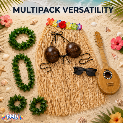 PMU 8 Pcs Hawaiian Luau Costume Set – Coconut Bikini Top, Grass Skirt, Lei &amp; Tropical Party Accessories for Luau, Beach &amp; Hula Parties