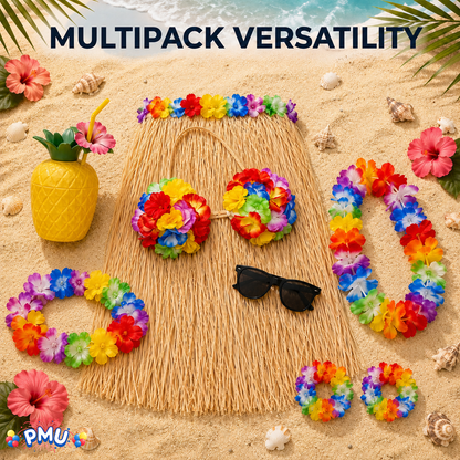 PMU 8 Pcs Hawaiian Luau Costume Set – Coconut Bikini Top, Grass Skirt, Lei &amp; Tropical Party Accessories for Luau, Beach &amp; Hula Parties