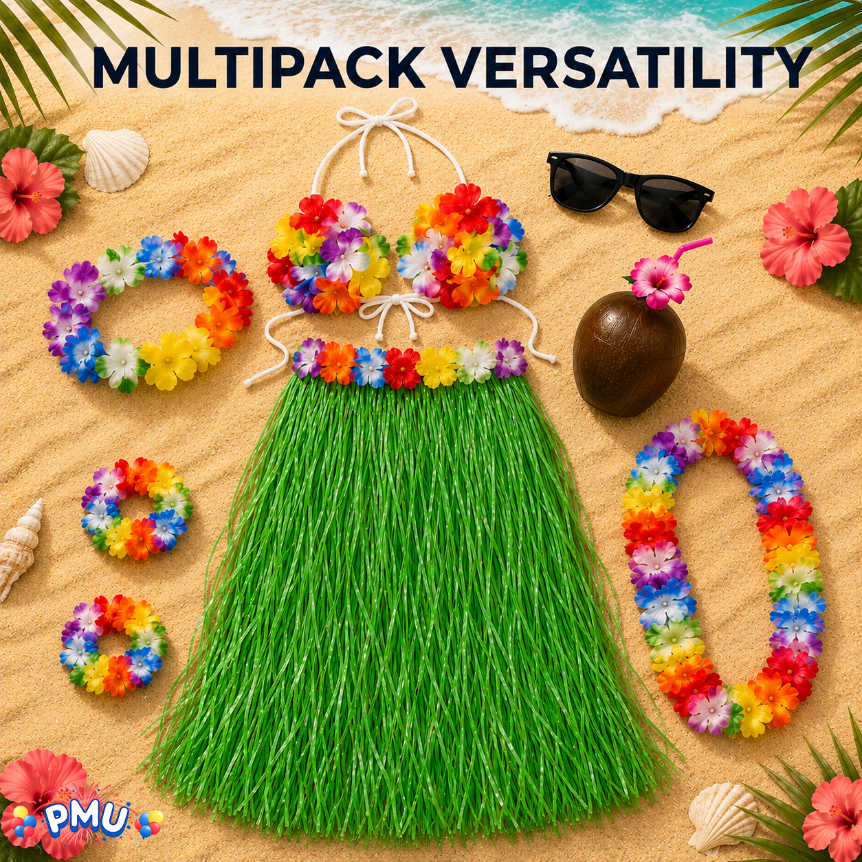 PMU 8 Pcs Hawaiian Luau Costume Set – Coconut Bikini Top, Grass Skirt, Lei &amp; Tropical Party Accessories for Luau, Beach &amp; Hula Parties