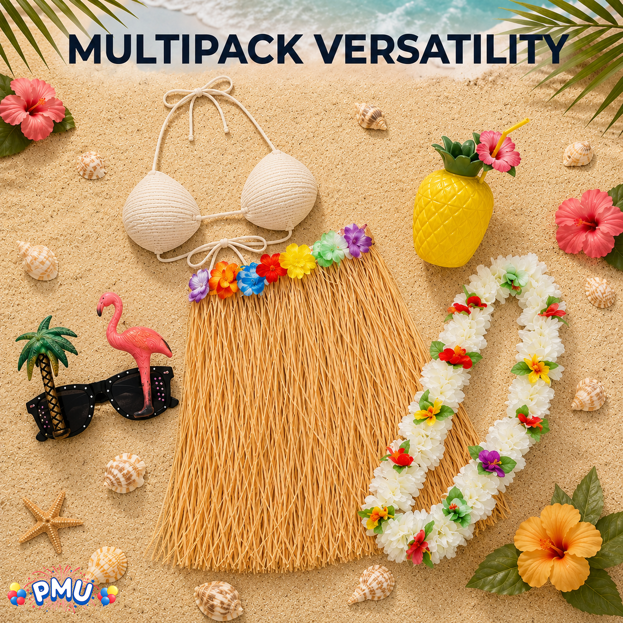 PMU 8 Pcs Hawaiian Luau Costume Set – Coconut Bikini Top, Grass Skirt, Lei &amp; Tropical Party Accessories for Luau, Beach &amp; Hula Parties