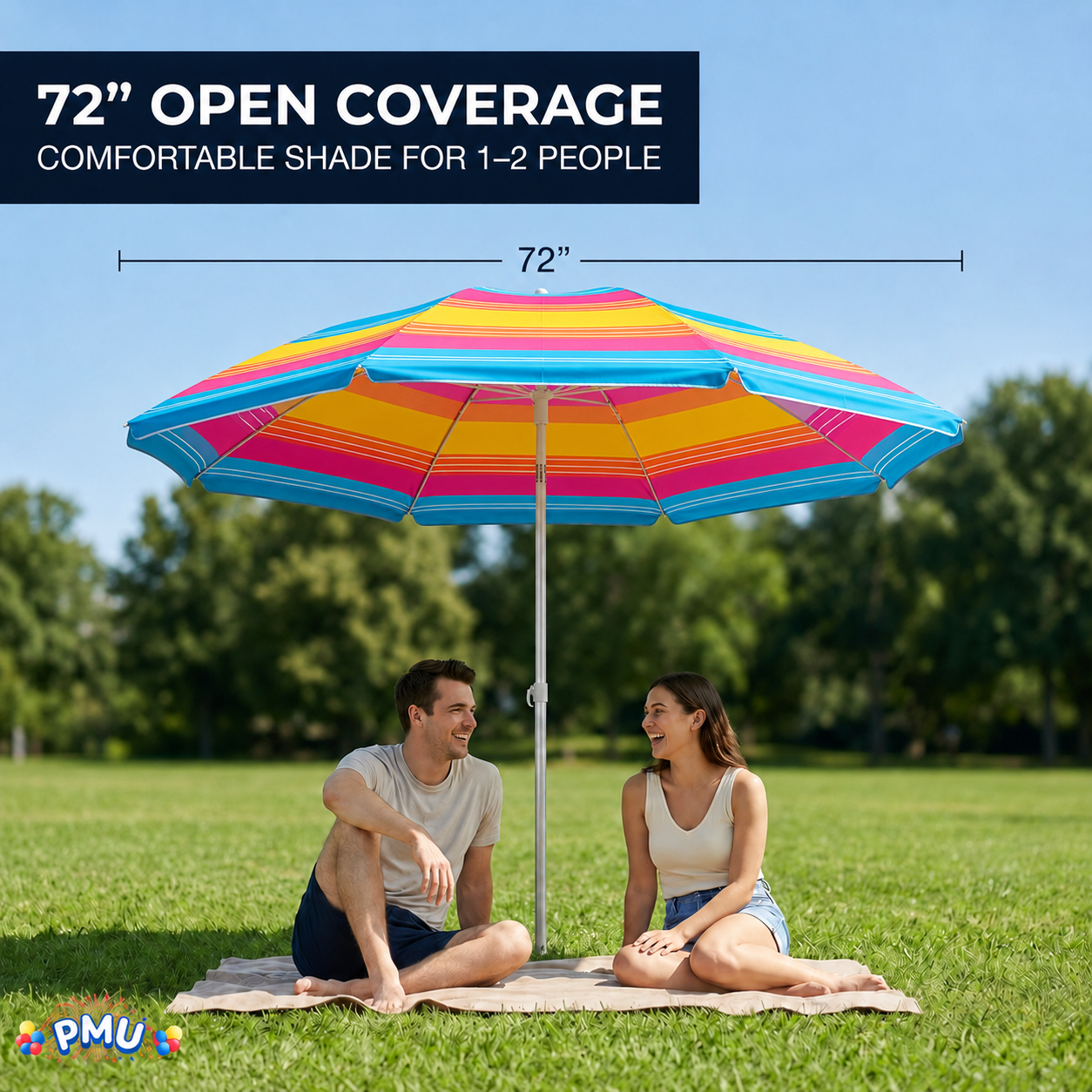 Beach Umbrella 6ft Opens to 72in Multicolor Beach Parasol with Carrying Sleeve