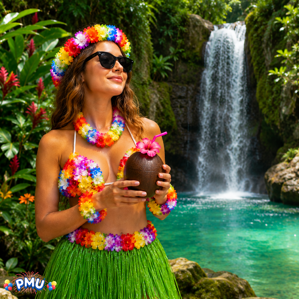 PMU 8 Pcs Hawaiian Luau Costume Set – Coconut Bikini Top, Grass Skirt, Lei &amp; Tropical Party Accessories for Luau, Beach &amp; Hula Parties