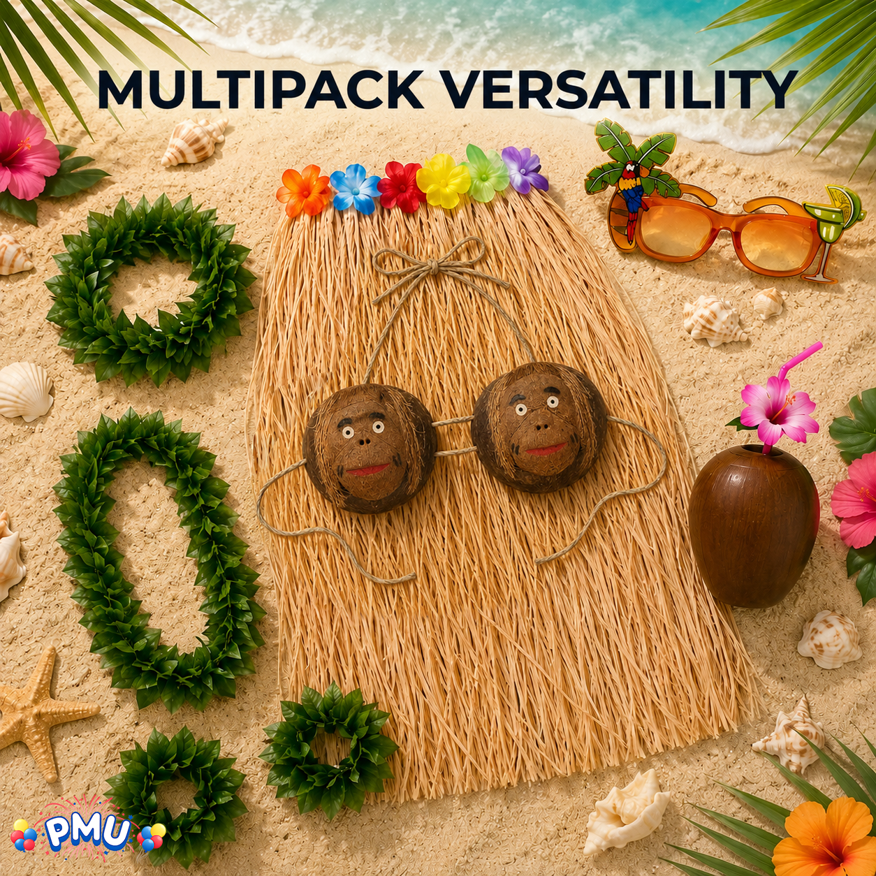 PMU 8 Pcs Hawaiian Luau Costume Set – Coconut Bikini Top, Grass Skirt, Lei &amp; Tropical Party Accessories for Luau, Beach &amp; Hula Parties