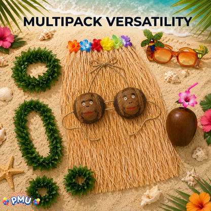 PMU 8 Pcs Hawaiian Luau Costume Set – Coconut Bikini Top, Grass Skirt, Lei &amp; Tropical Party Accessories for Luau, Beach &amp; Hula Parties