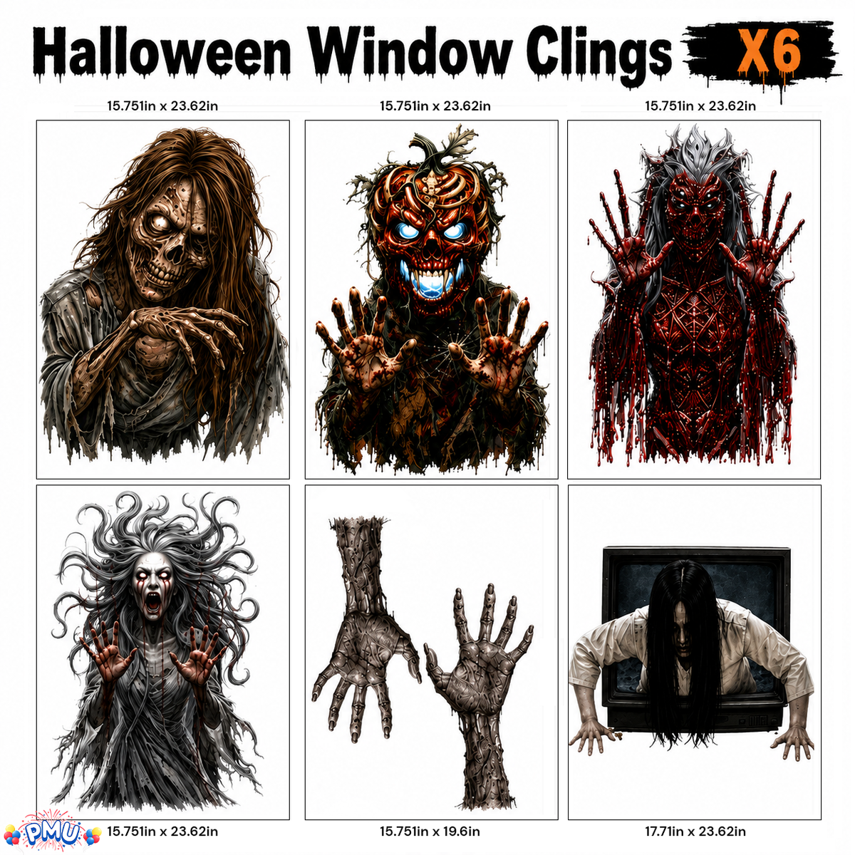 PMU PMU 13 Set Halloween Window Clings, Window Decals, Scary Halloween Decor
