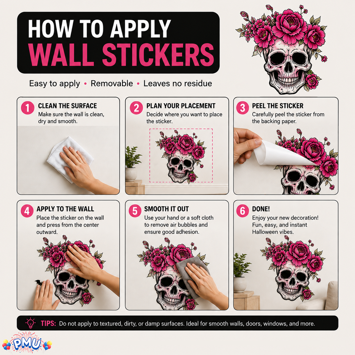 PMU 7 Sheet Halloween Wall Stickers, High-Definition Wall Decal Halloween Decor