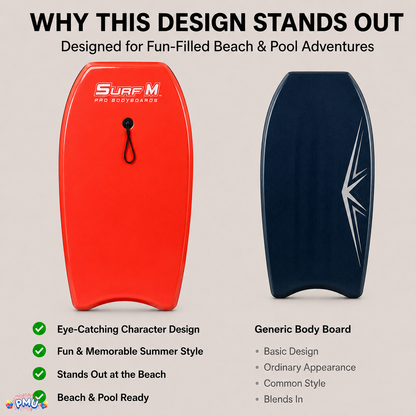 PMU 33 Inch Printed Bodyboard - Lightweight Wrist Leash Slick Bottom Boogie Board for Beach, Sea & Pool - Surfing Board for Kids, Teens & Adults Wave Conditions Pkg/1